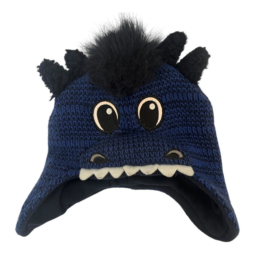 The Childrens Place Boys Blue Dragon Knit Trapper Hat Fleece Lined S 12-24M